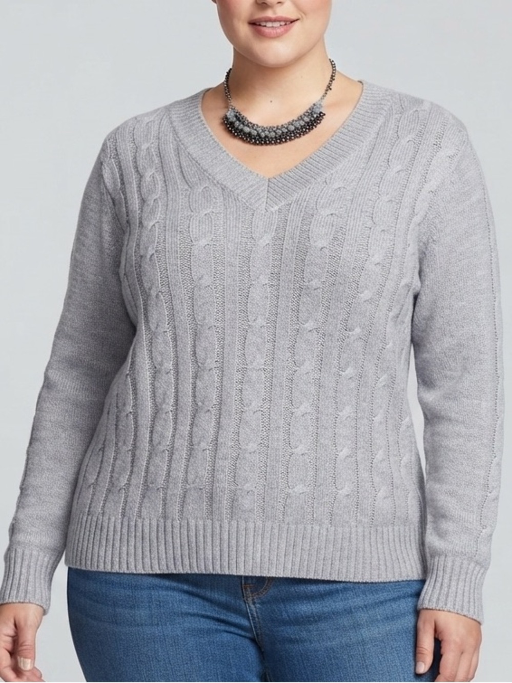 MYSTYLE Light Grey Crewneck Cable Design Sweater XL
